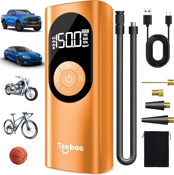 Tire Inflator Portable Air Compressor with Auto Shut-Off and Led Light, 150PSI Cordless Air Pump with Digital Pressure Gauge, 20s Fast Inflate Electric Bike Pump for Car, Motorcycle, Bicycle, Ball