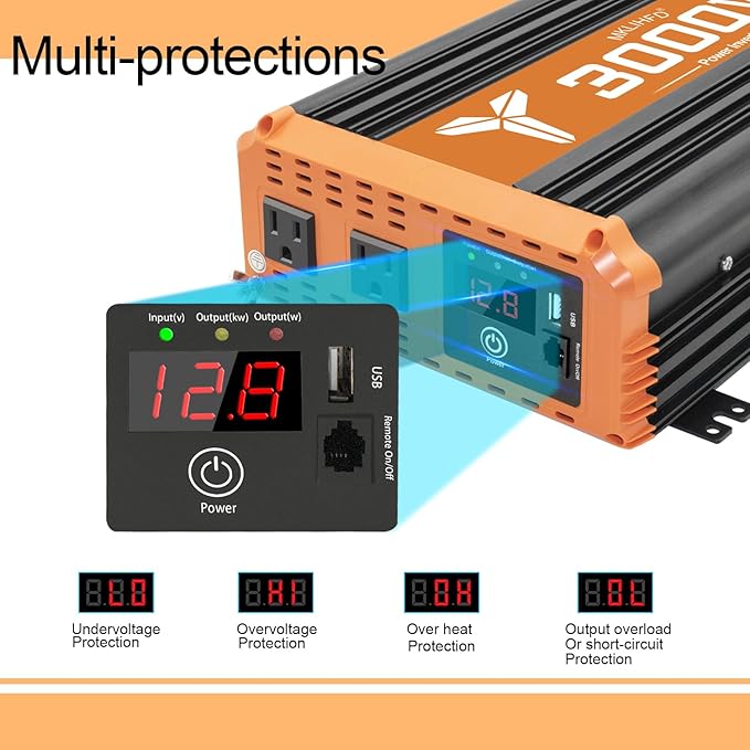 3000W Inverter 12V DC to 110V AC Converter for Home, RV, Truck, Off-Grid Solar Power Inverter with Built-in 5V/2.1A USB, AC Hardwire Port, Remote Controlle