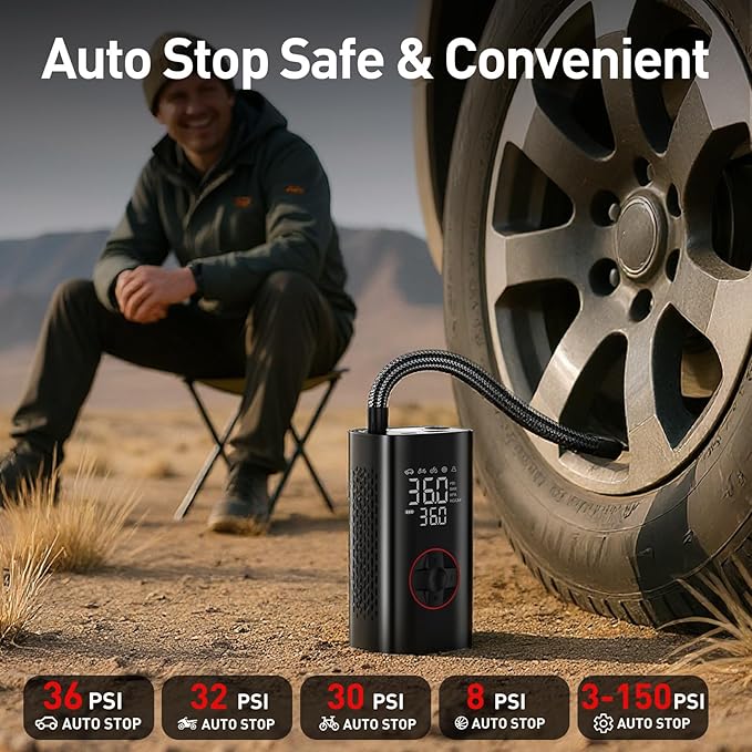 Tire Inflator Portable Air Compressor - 150PSI Cordless Air Pump for Car Tires, Portable Tire Inflator for Cars with Pressure Gauge, Tire Pump for Bike, Motorcycle, Auto Shut-off