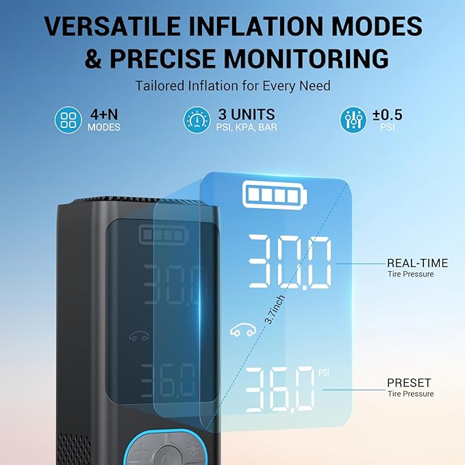 AVAPOW AP18 Tire Inflator Portable Air Compressor, 300% Faster 150 PSI Cordless Air Pump with Tire Pressure Gauge, 3.7″ Dual LCD Screen, Auto-Shuts Off Tire Pump for Car, Motorcycle, Bicycle, Black