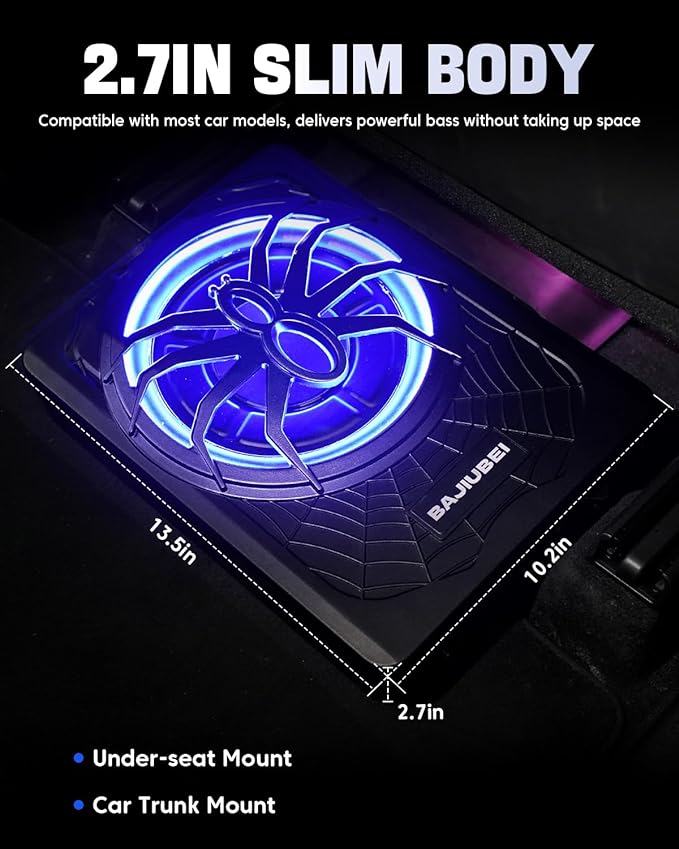 10" 1200W Slim Under Seat Powered Car Subwoofer Hideaway Subwoofer with Complete Mounting Wire Kit, Car Truck Audio Subwoofer Built in Amplifier Sub Amp Combo, with Blue LED Ambient Light