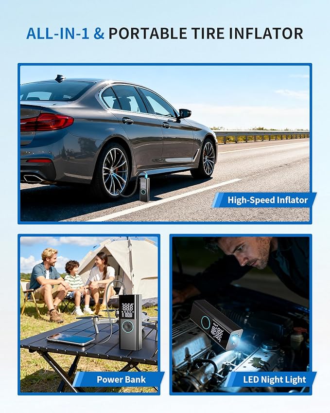 Tire Inflator Portable Air Compressor - 4X Faster & 150PSI Tire Pump For Car Moto Bike Ball - Auto Shut-Off - Fast Charge Power Bank - LED Night Light - Elderly Friendly