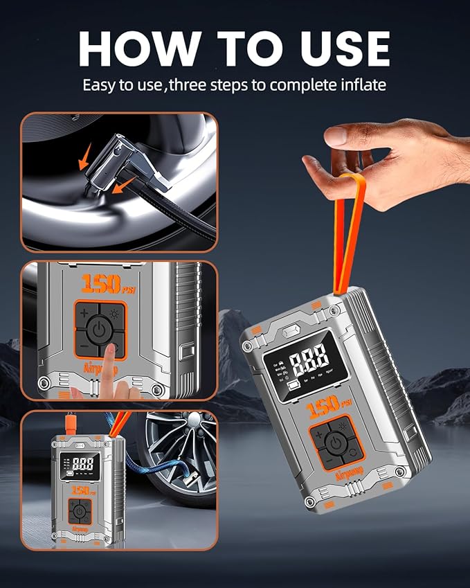 Tire Inflator Portable Air Compressor Cordless,150PSI 3X Faster Inflation Tire Pump With Digital Display & 4 Nozzles, Car Tires Air Pump with Pressure Gauge for Auto, Motorcycles, Bikes, Balls