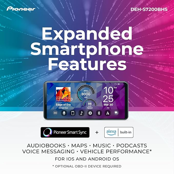 Pioneer DEH-S7200BHS 1-Din CD Receiver – Bluetooth, HD Radio, SiriusXM, USB/AUX, Color Change, FLAC, AM/FM, Detachable Face, 13-Band EQ, 50W x 4, Voice Control, Hi-Volt RCA Preouts