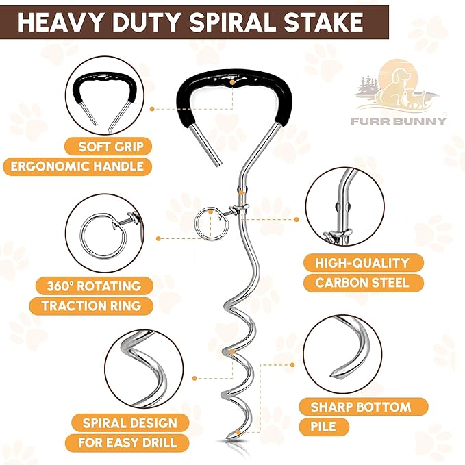 Heavy Duty Dog Tie Out Cable and Stake for Large to Extra Large Dogs Upto 150 LBs – Anti-Tangle, Rust-Resistant, 360° Swivel Leash System – 18 Inches Spiral Anchor and 7mm 30 FT Long Leash