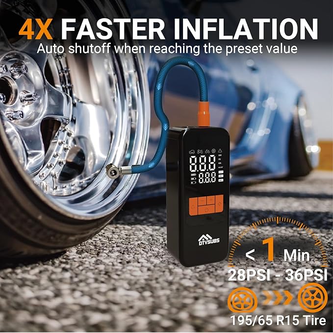 Tire Inflator Portable Air Compressor, 4X Faster Cordless Air Pump for Car Tires, 150PSI Air Bike Pump with Pressure Gauge & LED Lights for Cars/Motorcycles/E-Bikes/Balls, Auto Shut-off