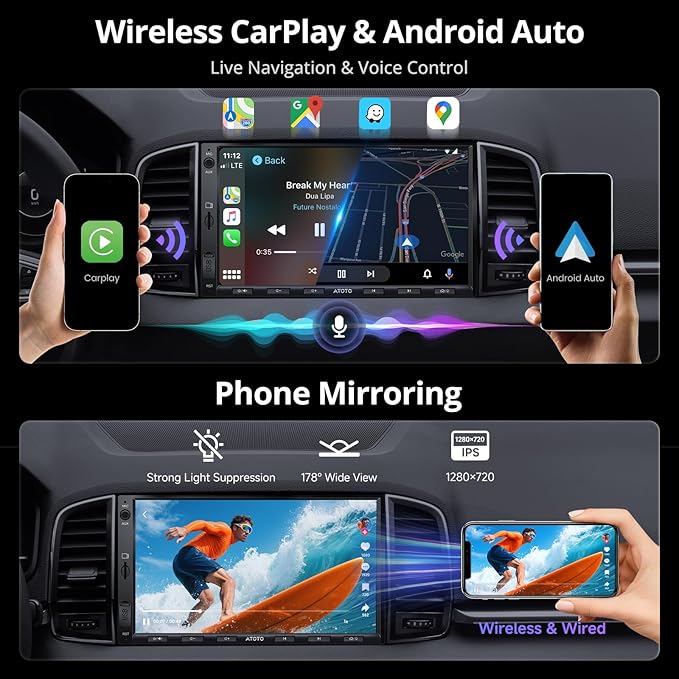 ATOTO A5L 7inch Android Double DIN Car Stereo, Wireless CarPlay & Android Auto, Wi-Fi/Bluetooth/USB Tethering, 2G+32G Touchscreen Car Radio, Backup Camera, MirrorLink, DSP/FM/AM/SWC, AI&GPS Tracking