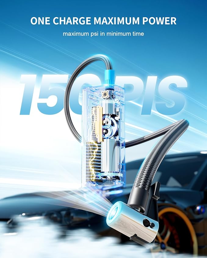 Tire Inflator Portable Air Compressor - 4X Faster & 150PSI Tire Pump For Car Moto Bike Ball - Auto Shut-Off - Fast Charge Power Bank - LED Night Light - Elderly Friendly
