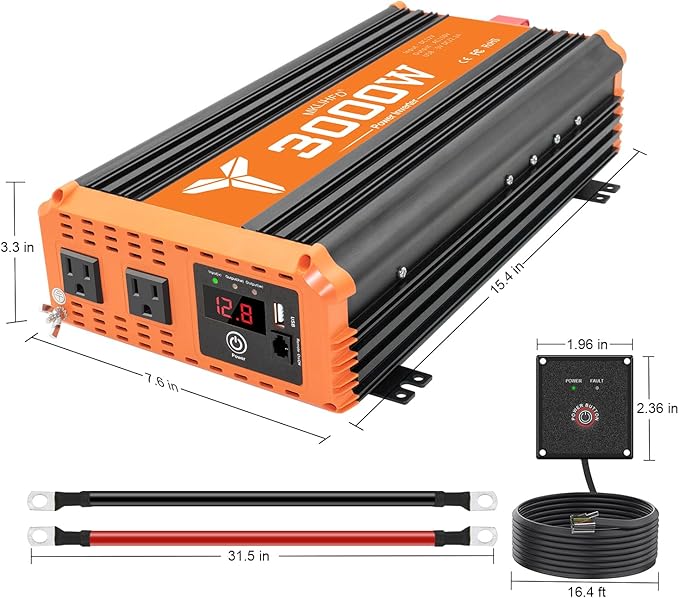 3000W Inverter 12V DC to 110V AC Converter for Home, RV, Truck, Off-Grid Solar Power Inverter with Built-in 5V/2.1A USB, AC Hardwire Port, Remote Controlle