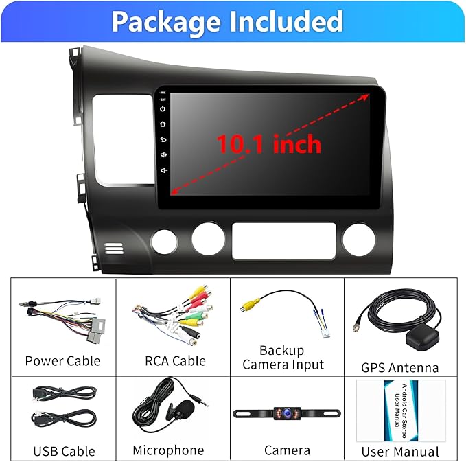 4G+64G Android 13 Car Radio for Honda Civic 2006-2011 with Wireless Carplay Android Auto GPS Navigation 10.1 Inch IPS Touch Screen Head Unit, Support Steering Wheel Control, Mirrorlink, Backup Camera