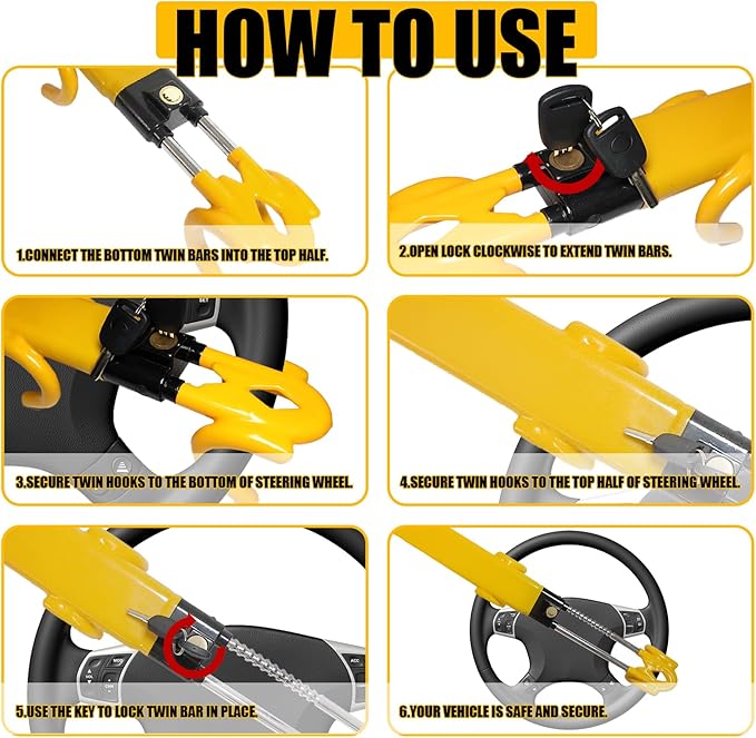 Steering Wheel Lock for Cars, Heavy Duty Security Anti-Theft Device, Adjustable Anti Theft Car Lock with Double Hooks Universal for Vehicle Truck with 2 Keys