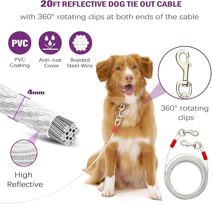 360° Swivel Dog Tie Out Cable and Stake - 2025 Upgrad Stainless Steel Dog Stake Dog Anchor for Small to Large Dogs - No Tangle Reflective Dog Run Cable for Yard (Silver 20 ft Cable)