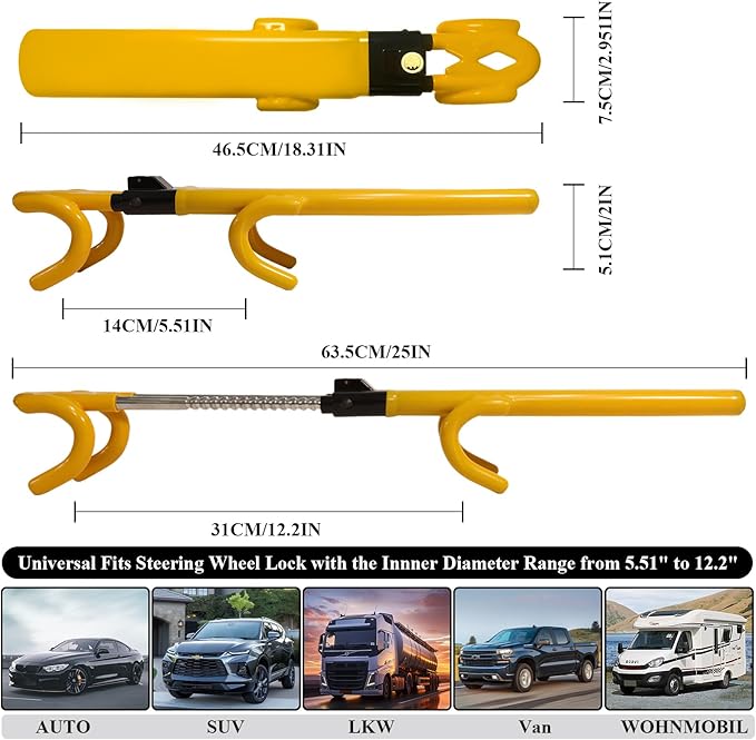 Steering Wheel Lock for Cars, Heavy Duty Security Anti-Theft Device, Adjustable Anti Theft Car Lock with Double Hooks Universal for Vehicle Truck with 2 Keys
