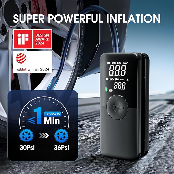 CARSUN Cordless Tire Inflator Portable Air Compressor,Car Tire Pump with Digital Dual Screen,150PSI Portable Air Pump for Car Tires with Deflation&Pressure Gauge,Suitable for Car,Motorcycles,Bicycles