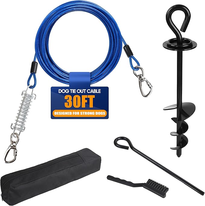 Dog Tie Out Cable and Stake - 30ft Heavy Duty Tether (up to 250 lbs) with Carabiners & 360° Swivel Hook & Shock Spring, Ideal Ground Anchor Kit for Yard, Beach & Camping Outdoors (Black)