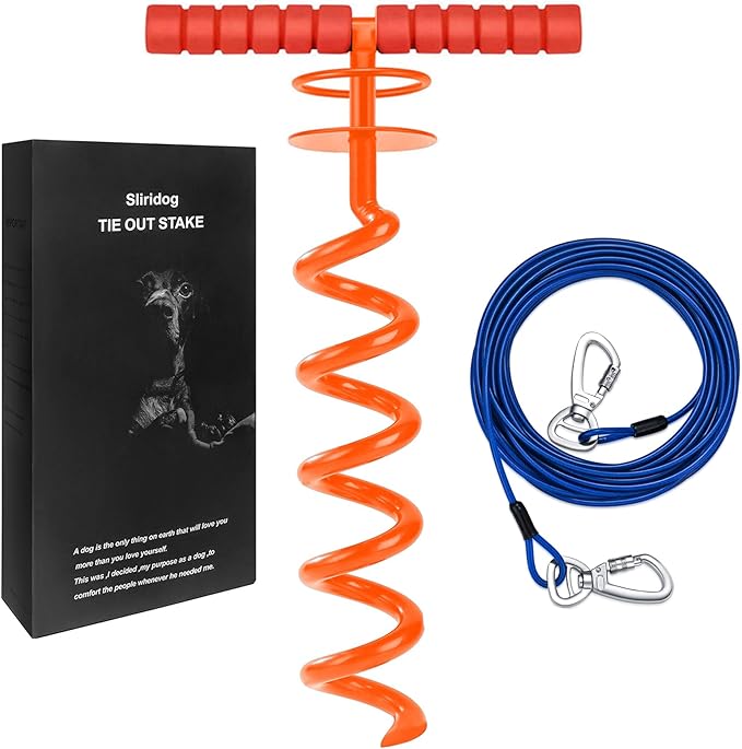 Heavy Duty 30FT Dog Tie Out Cable and Stake for Large Dogs, Dog Tie Out Stake and Cable Anchor for Dogs Up to 200 lbs,for Yard, Beach, Outdoor(Orange)