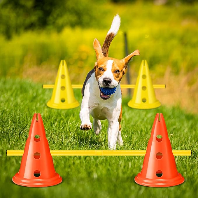 Dog Agility Hurdle Cone Set Dog Agility Course Backyard Set with Height Adjustable Include 12 Cones 6 Rods Training Equipment for Pet Obstacle Course Outdoor Games(Yellow, Yellow)