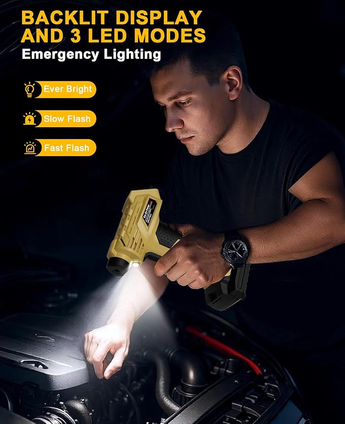 Tire Inflator Portable Air Compressor, 160PSI Large Full-Screen display Portable Air Pump with Digital Pressure Gauge, Rechargeable Battery Powered Portable Air Compressor with 12V DC Adapter