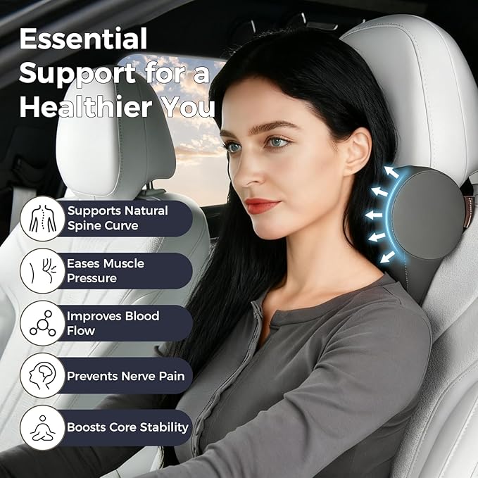 Coverado Car Headrest Pillow, Ergonomic Memory Foam Car Neck Pillow for Driving Seat with Adjustable Strap, Soft PU Leather Breathable Removable Cover Neck Support for Neck Pain Relief - Gray