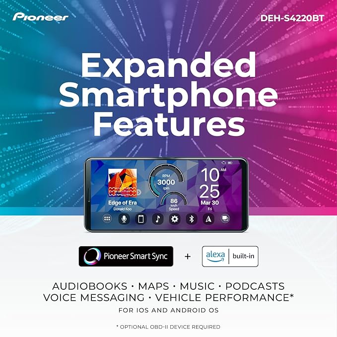 Pioneer DEH-S4220BT 1-Din CD Receiver – Bluetooth, USB/AUX, Color Change, FLAC, AM/FM Radio, Detachable Face, 50W x 4, Voice Control, Hi-Volt RCA Preouts