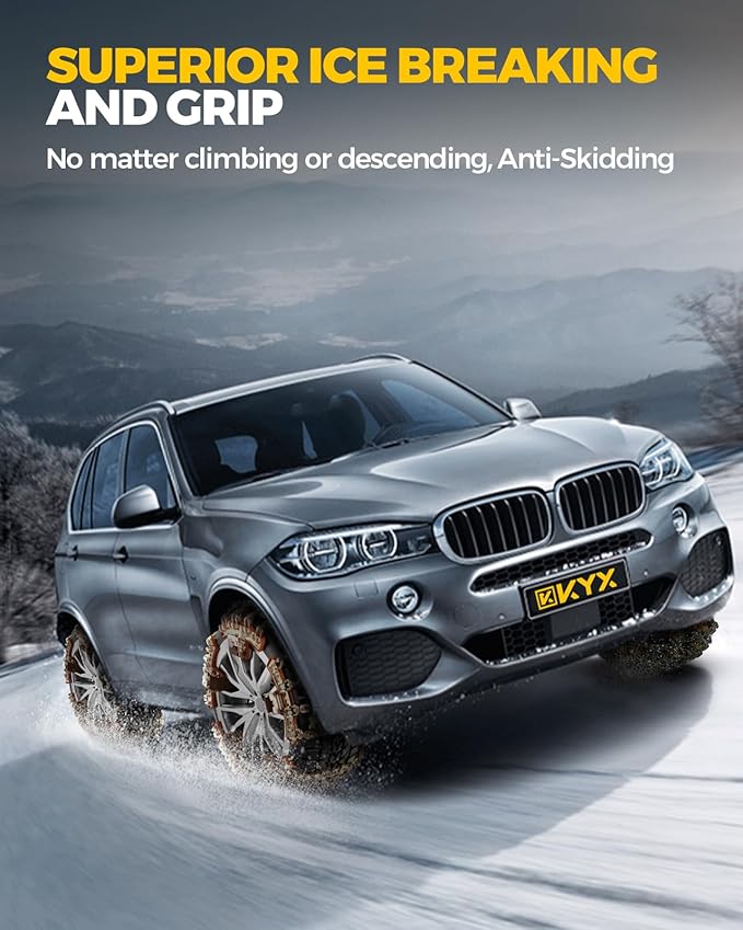 KYX Upgrade Alloy Steel Tire Chains for Car/SUV/Pickup Truks, Adjustable Universal Emergency Snow Chains for Off-road SUV Car Tires 185 195 205 215 225 235 245 255 - Set of 6, Alloy Steel