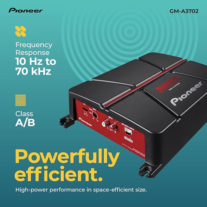 Pioneer GM-A3702 2-Channel Car Amplifier – 500W Max, Class AB, Bridgeable Design, Automatic Signal Sensing and Turn-on, Built-in high-/Low-Pass Filter