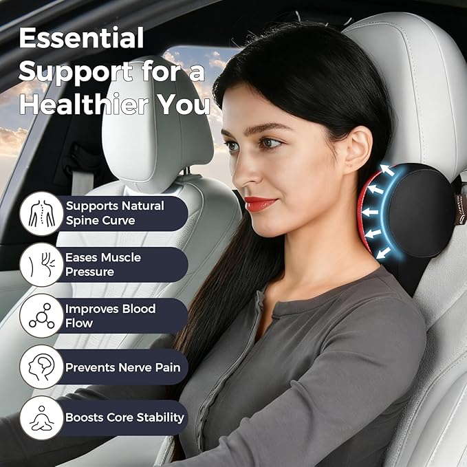 Coverado Car Headrest Pillow, Ergonomic Memory Foam Car Neck Pillow for Driving Seat with Adjustable Strap, Soft PU Leather Breathable Removable Cover Neck Support for Neck Pain Relief, BlackRed