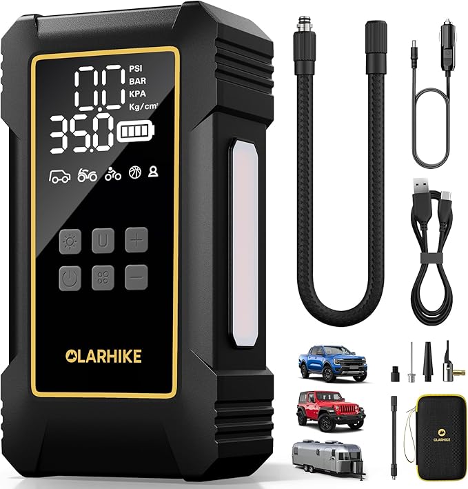 OlarHike Powerful Tire Inflator Portable Air Compressor, Dual Mode for Heavy Duty Vehicle, 12000mAh & 12V DC, Air Pump for Car Tires, Pickup Truck, Jeep and Off-Road.Tire Digital Gauge & LED Light