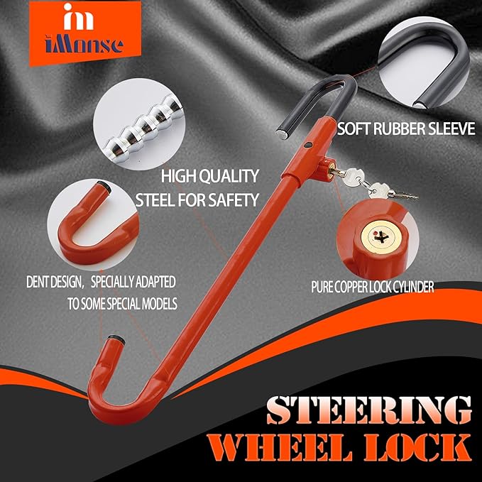 Steering Wheel Lock Anti-Theft Car Device, Steering Wheel Pedal Brake Lock Retractable Hook Car Security Products Universal Fit(Red)