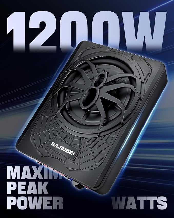 10" 1200W Slim Under Seat Powered Car Subwoofer Hideaway Subwoofer with Complete Mounting Wire Kit, Car Truck Audio Subwoofer Built in Amplifier Sub Amp Combo, with Blue LED Ambient Light