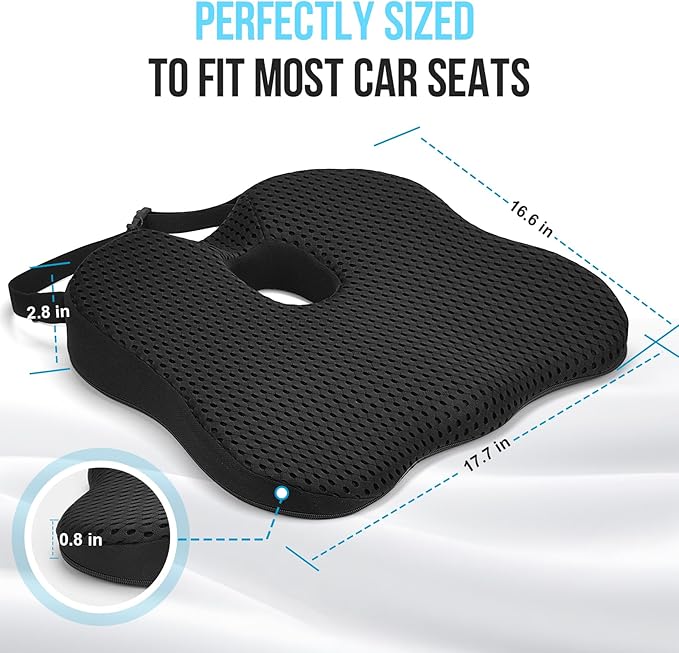 Car Seat Cushion for Driving – Ergonomic Wedge Memory Foam Booster Automotive Seat with Non-Slip Bottom & Adjustable Strap – Car Seat Pad for Car, Truck, Vehicle