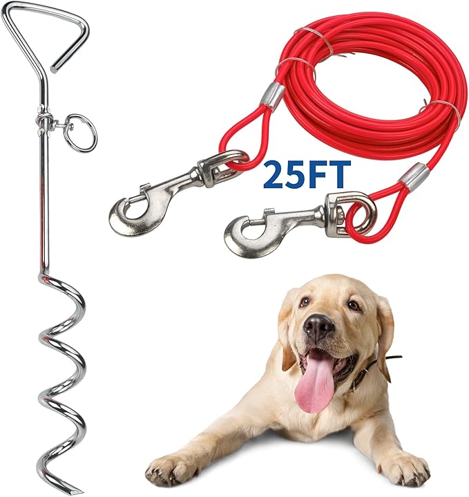 Chrome Dog Tie-Out Stake & 25 Foot Cable, Stainless Steel Heavy-Duty Outdoor Yard Camping Corkscrew Anchor stake Design with Tangle-Free 360 Swivel Hook for Dogs Play Boundary for Puppies & Adult Dogs