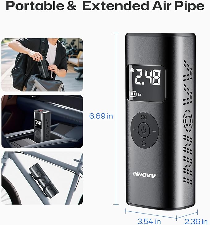INNOVV P1 Aluminum Tire Inflator Portable Air Compressor, 3X Faster 150PSI Cordless Car Air Pump with Auto-Shutoff, Motorcycle Pumps with Tire Pressure Gauge, Electirc Tire Pump for Car, Bike, Ball