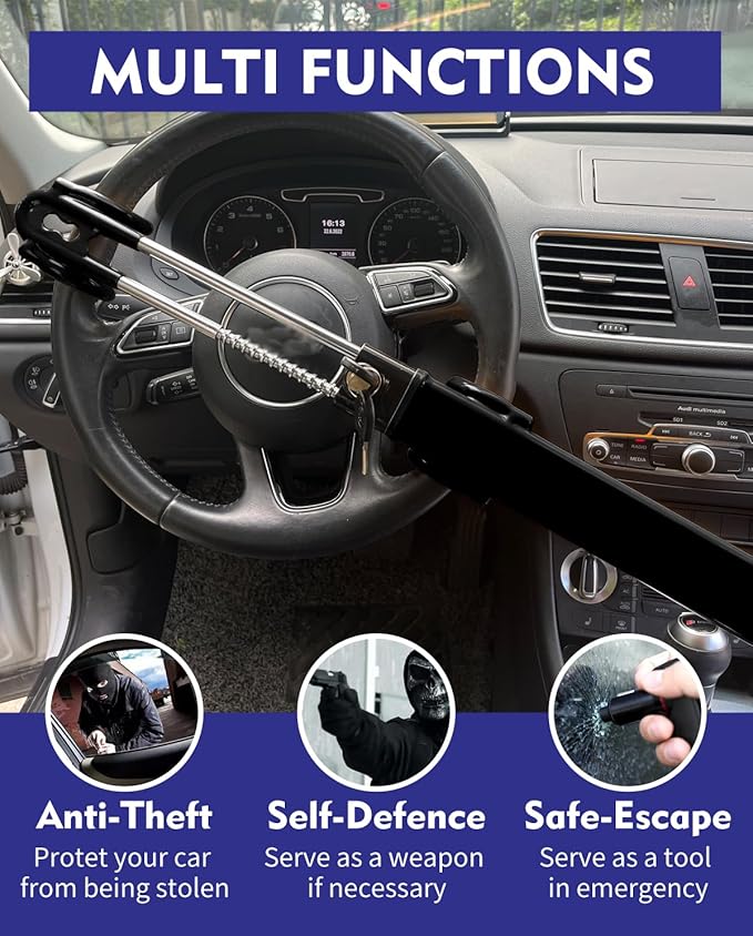 Dodomes Steering Wheel Lock Anti-Theft Heavy Duty Secure Car Device, Adjustable Length Clamp Double Hook Locks Universal Fit (Black)