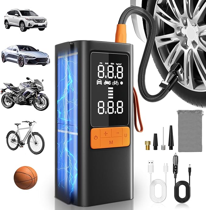 Tire Inflator Portable Air Compressor, 150 PSI Air Pump for Car Tires, Bike Tire Pump with Digital Pressure Gauge, LED Light & Auto Shut-Off – Portable Tire Inflator for Car, Motorcycle, Bike, Balls
