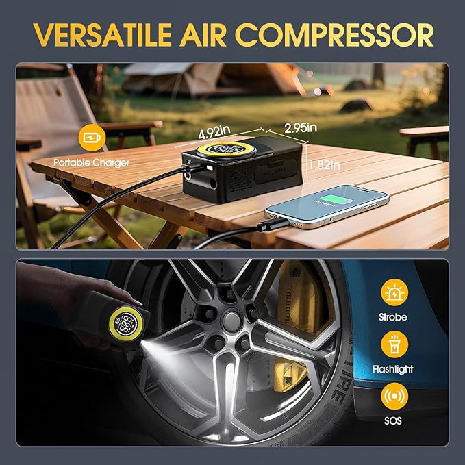 CARSUN Tire Inflator Portable Air Compressor, 150PSI Air Pump For Car Tires with Digital Pressure Gauge, LED Light and Auto Shut-Off Function Cordless Pump for Car, Motorcycle, Bicycle, Balls