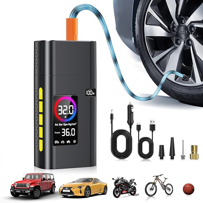180PSI Tire Inflator Portable Air Compressor, Portable Tire Inflator for Car,5X Fast Electric Bike Air Pump with Digital LCD Pressure Gauge/LED Light/Power Bank, Bike, Motorcycle, Ball