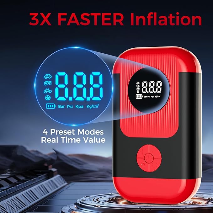 Tire Inflator Portable Air Compressor & Car Jump Starter, Cordless Air Pump with LED Light & Pressure Gauge for Auto,Motorcycles,Bikes,Balls, Emergency Battery Booster & Phone Charger,150PSI