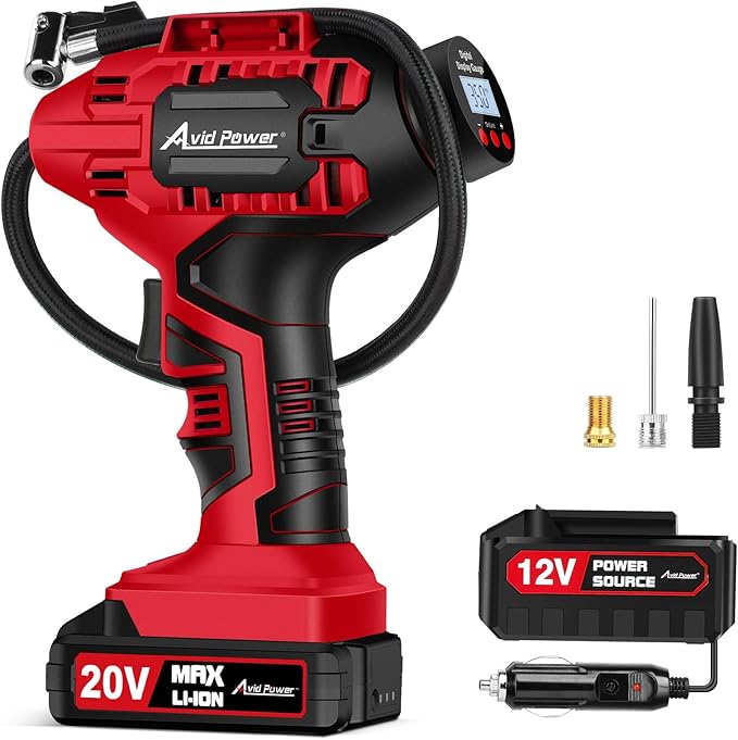 AVID POWER Tire Inflator Portable Air Compressor,20V Cordless Tire Pump, Rechargeable Air Pump for Car Tires and other Inflatables (Red)