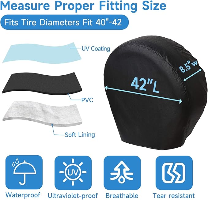 VINPATIO Rough Tire Covers 4 Pack, Waterproof Vinyl Wheel Protectors with Lining for RV, Trailer, Camper, Motorhome, SUV, Car, Universal Fits Tire Diameters 40-42 inches, Black