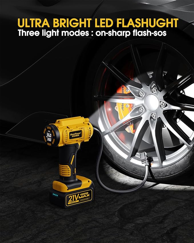 KeenPower Cordless Tire Inflator Portable Air Compressor, 160PSI Car Tire Air Pump, 21V Rechargeable Battery Powered Air Compressor, Dual Power, Larger HD Digital Gauge w/4+N Smart Modes (Yellow)