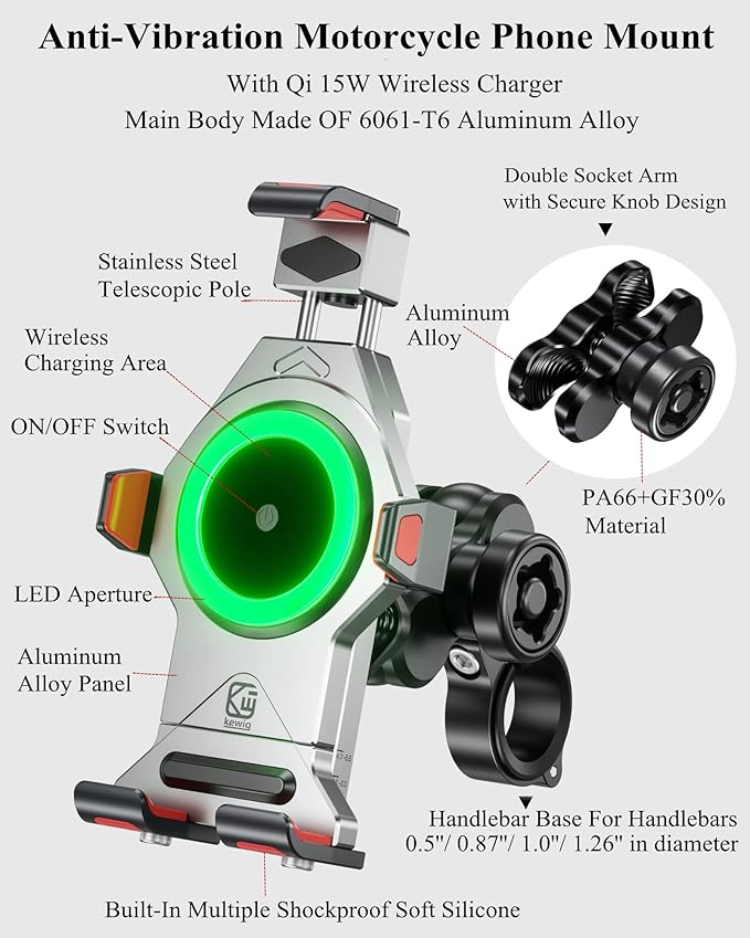 BRCOVAN Motorcycle Phone Mount with Qi 15W Wireless Charger & Vibration Dampener, Aluminum Alloy Anti-Theft Waterproof Motorcycle Handlebar Cellphone Holder, Adjustable Fit 4.7''-7.2'' Smartphones