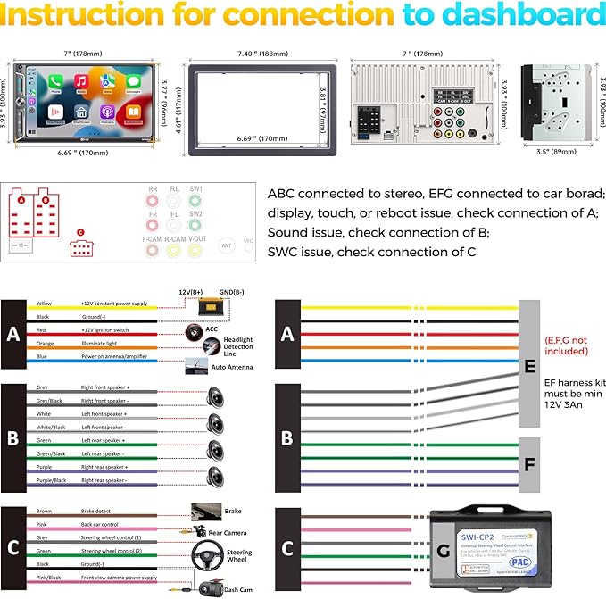 PLZ 7" Wireless Double Din Car Stereo Apple Car Play Radio Carplay Android Auto QLED Touch Screen, Bluetooth 5.3 Audio Receivers, 1080P Backup Camera, 4.2 Channel Outputs 240W, 2 Subwoofer, FM/AM, SWC