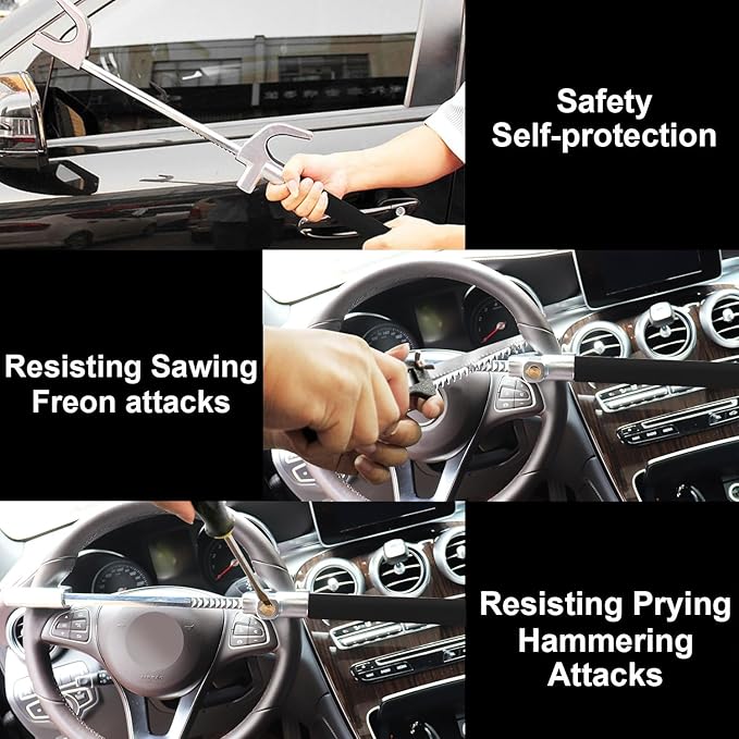 Tevlaphee Steering Wheel Lock for Cars,Wheel Lock,Vehicle Anti-Theft Lock,Adjustable Length Clamp Double Hook Universal Fit Emergency Hammer Window Breaker Self Defense Heavy Duty Secure