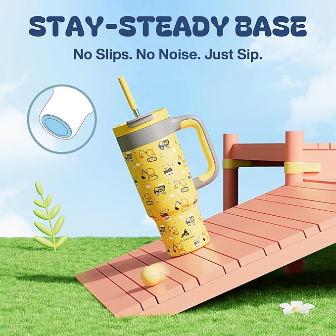 24 oz Stainless Steel Cup with Handle for Preschooler: BPA-Free, Lid with Straw, Easy to Clean, Car Cupholder Friendly, Insulated Tumbler for Playtime, Sports, Summer Camp, Vacation, Gift (Dig It Up)