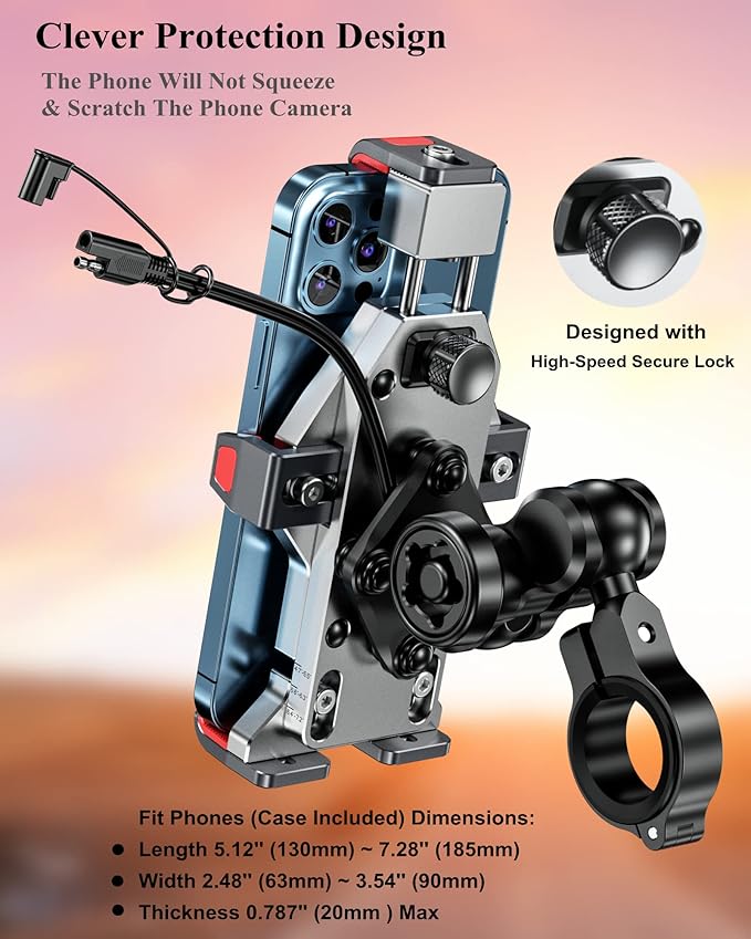 BRCOVAN Motorcycle Phone Mount with Qi 15W Wireless Charger & Vibration Dampener, Aluminum Alloy Anti-Theft Waterproof Motorcycle Handlebar Cellphone Holder, Adjustable Fit 4.7''-7.2'' Smartphones