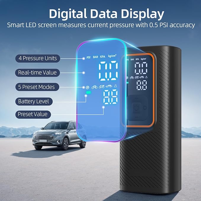 Cordless Tire Inflator Portable Air Compressor, 150 PSI Air Pump with Rechargeable Battery, Tire Pressure Gauge, 12V Car Power Adapter, Smart Air Pump for Car, Motorcycle, Bike, Ball