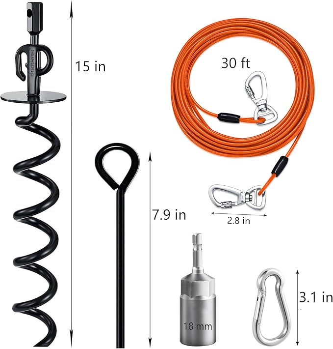 15" Heavy Duty Steel Dog Stake - 9mm Solid Anchor for Dogs Up to 120 lbs - 30FT Orange Tether-Yard, Camping, Outdoor Use (Black, 30ft Cable and Stake)