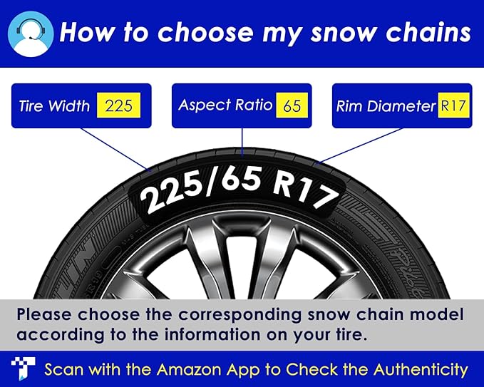 Snow-Chains Auto Fixing 1 Min Quick Fit Easy Installation Tire-Chains, Portable Reusable Universal Emergency Tire Traction Chain for Passenger Car, Pickup Trucks and SUV - Set of 2 (HKN-60)