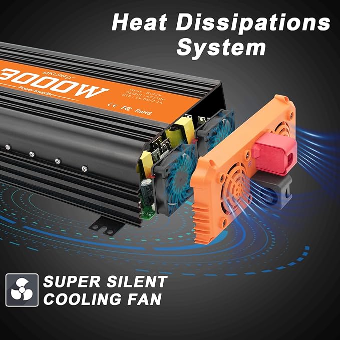 3000W Inverter 12V DC to 110V AC Converter for Home, RV, Truck, Off-Grid Solar Power Inverter with Built-in 5V/2.1A USB, AC Hardwire Port, Remote Controlle